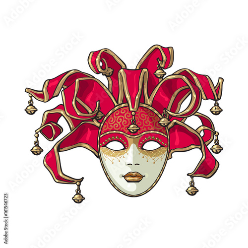 Decorated Venetian carnival, jester mask with bells and golden glitter, sketch style vector illustration isolated on white background. Realistic hand drawing of carnival, Venetian mask with bells
