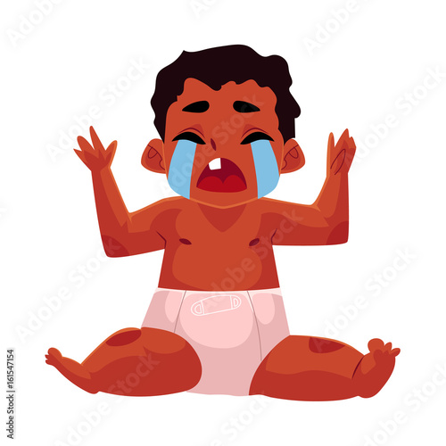 Front view portrait of cute black, African American baby, child in diaper sitting, crying hard, cartoon vector illustration isolated on white background. Crying black, African American baby in diaper