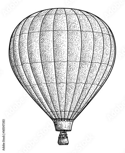 Hot air balloon illustration, drawing, engraving, ink, line art, vector