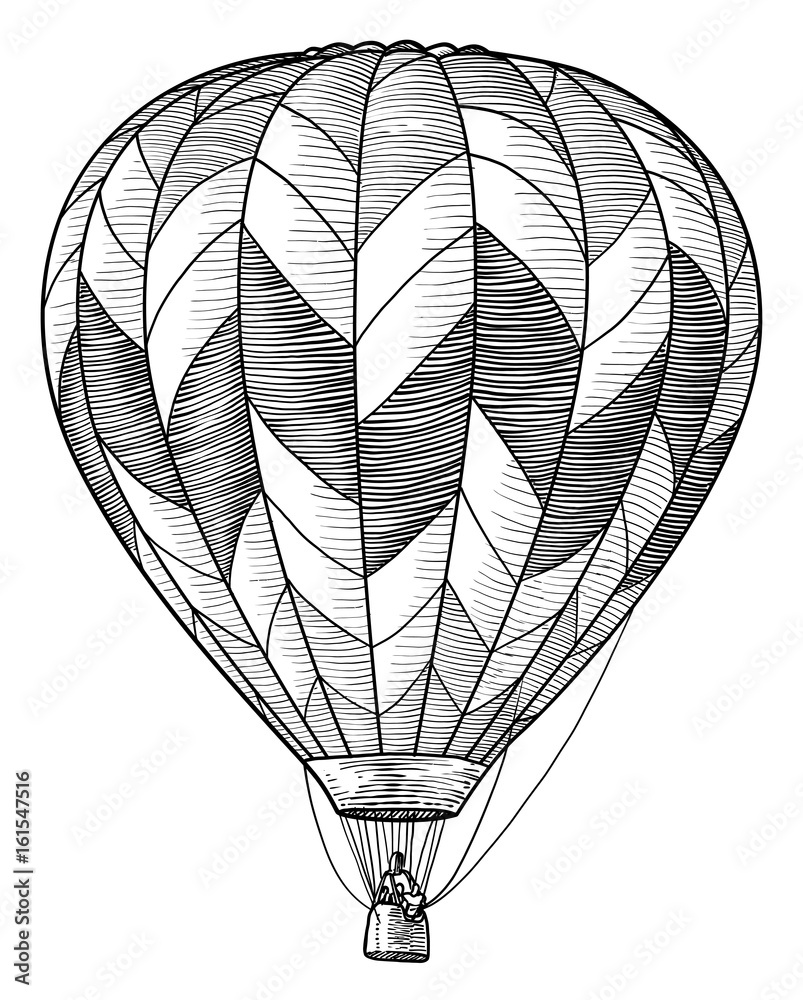 Fototapeta premium Hot air balloon illustration, drawing, engraving, ink, line art, vector