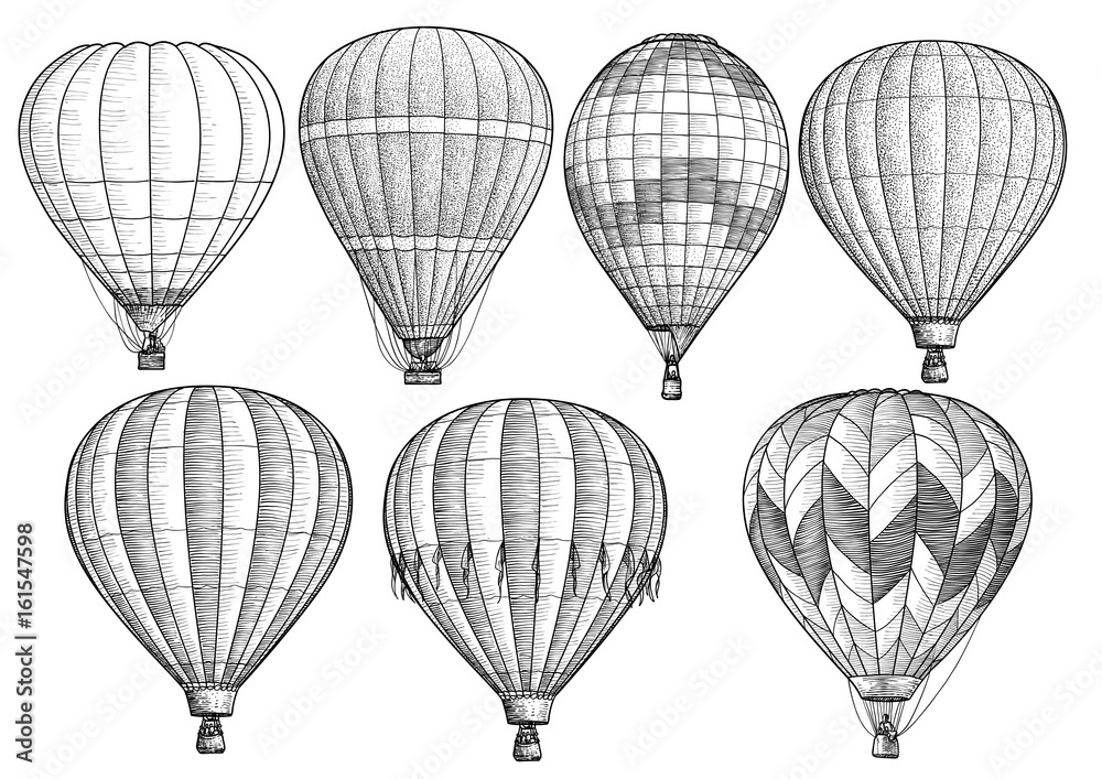 Hot air balloon collection illustration, drawing, engraving, ink, line art,  vector Stock Vector | Adobe Stock
