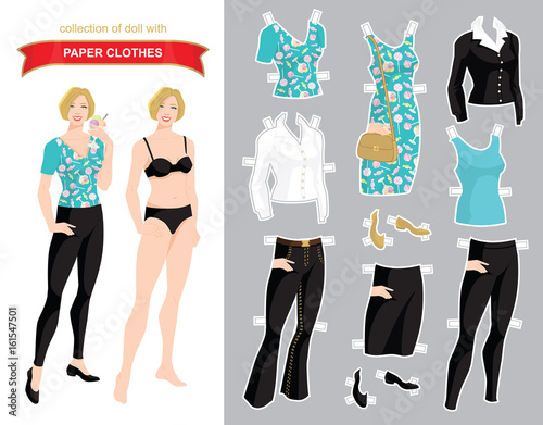Paper doll with clothes for office and holiday. Body template. Vector illustration of blondy woman with bob haircut holding ice cream in her hand. 
