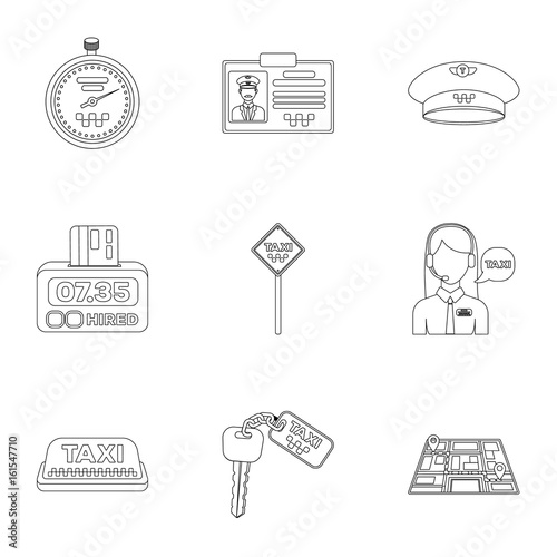 Set of icons about the taxi. A call taxi driver, Parking. Transportation around the city.Taxi icon in set collection on outline style vector symbol stock illustration.