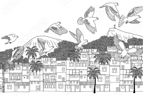 Birds over Rio - hand drawn illustration of Rio de Janeiro, Brazil with a flock of birds