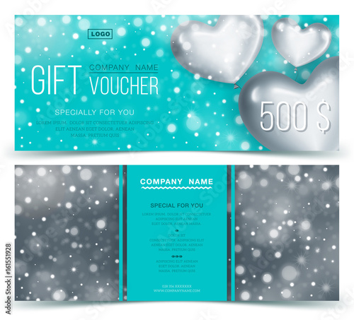 Gift voucher template with silver hearts 500. Concept for gift coupon, banner, flyer, invitation ticket. Two side of discount voucher or gift certificate layout.