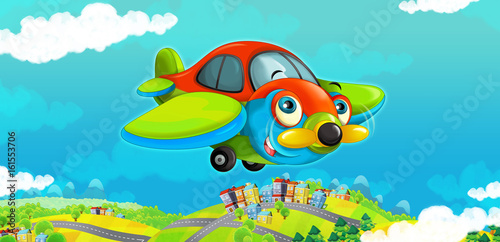 cartoon happy traditional plane with propeller smiling and flying over city