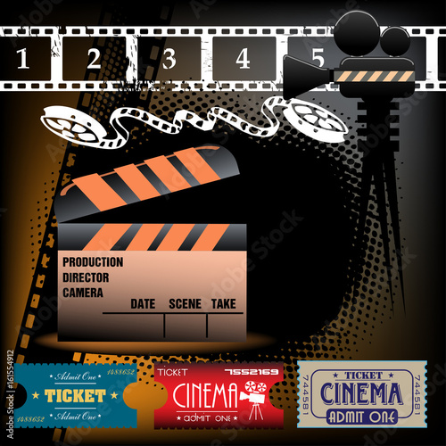 Colorful illustration with film reel, clapboard and cinema tickets