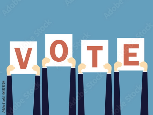Businessmen holding a signboard with the word vote. Vector illustration.