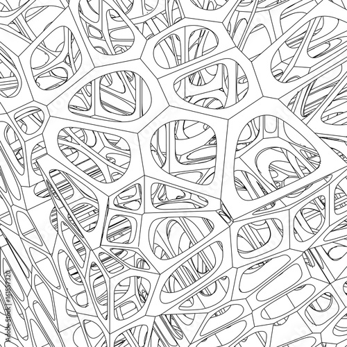 Abstract geometric black and white ornament generated by isometric random organic cells