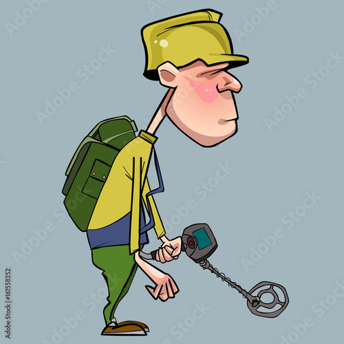 cartoon character of man walking with a metal detector