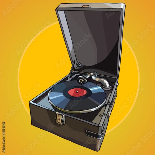 painted vintage gramophone with the record in the suitcase
