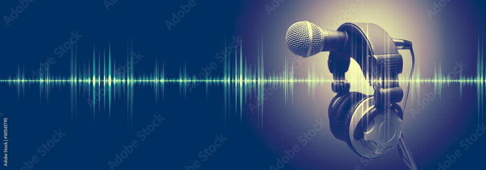 Obraz premium Pracowniany mikrofon i rozsądne fala. Dźwiękowa inżynieria i karaoke tło. Muzyczny i radiowy pojęcie sztandar