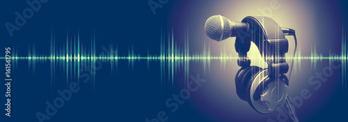 Studio microphone and sound waves.Sound engineering and karaoke background.Music and radio concept banner