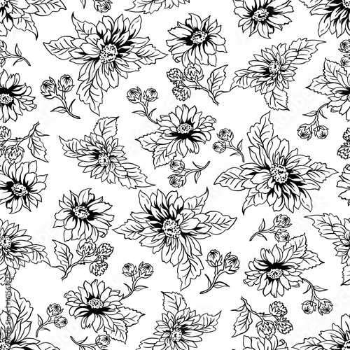 Flowers seamless pattern  vector  black and white