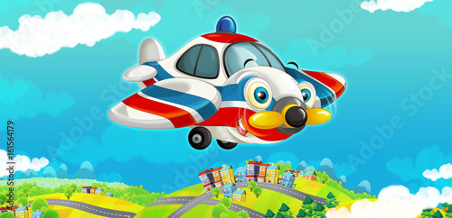 cartoon happy traditional plane with propeller smiling and flying over city © honeyflavour