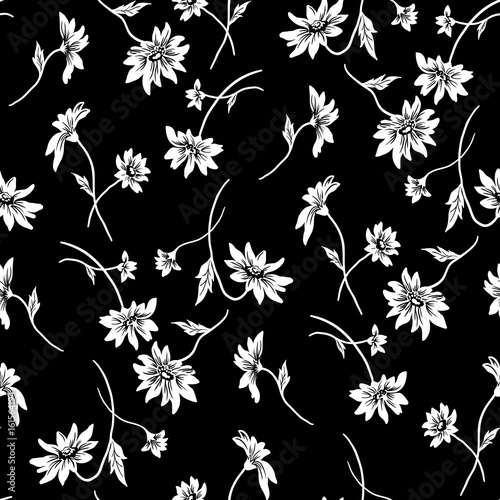 Flowers seamless pattern, vector, black and white