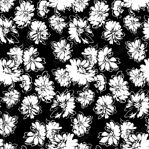 Flowers seamless pattern, vector, black and white