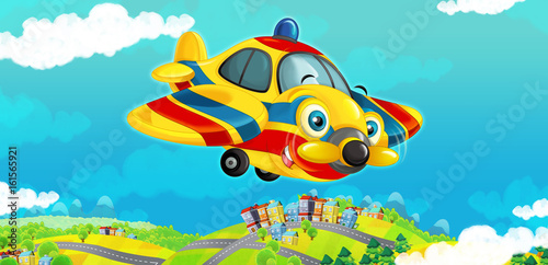 cartoon happy traditional plane with propeller smiling and flying over city