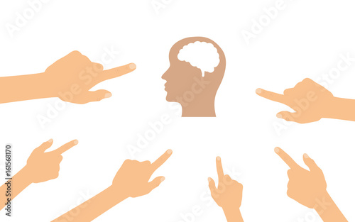 Hände zeigen auf - Kopf mit Hirn - Brainstorming