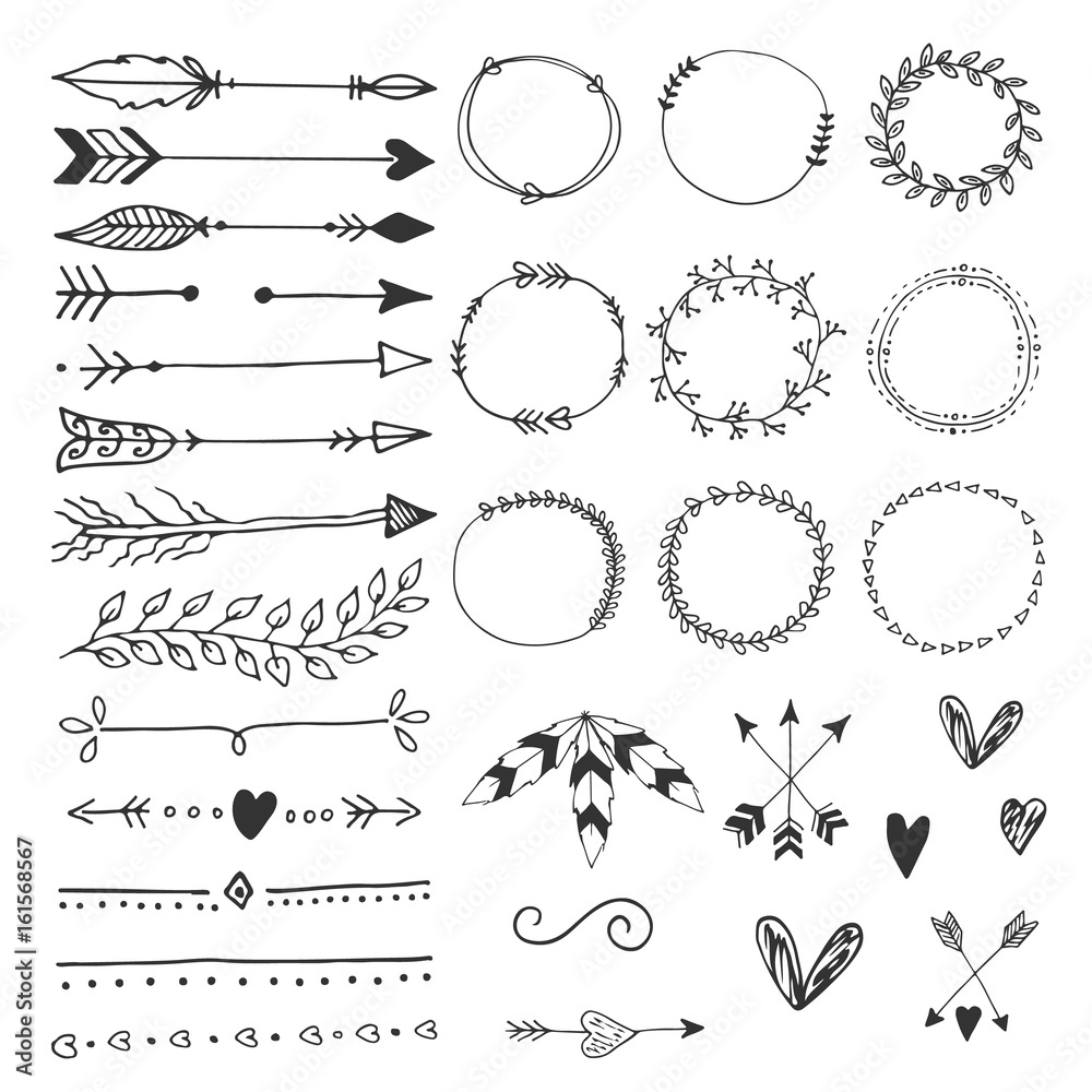 Hand drawn wedding design elements, arrows, circles boders hearts and feathers.