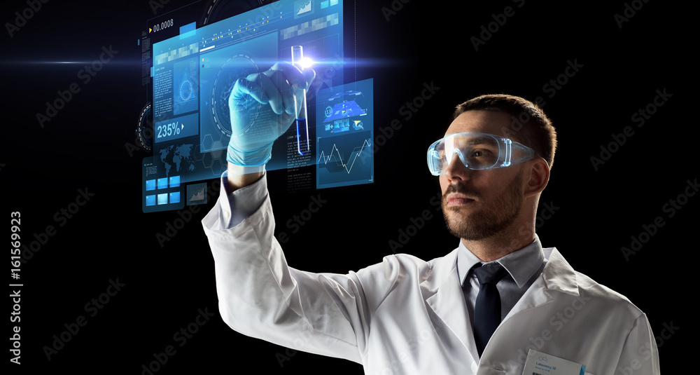 scientist in goggles with test tube virtual screen