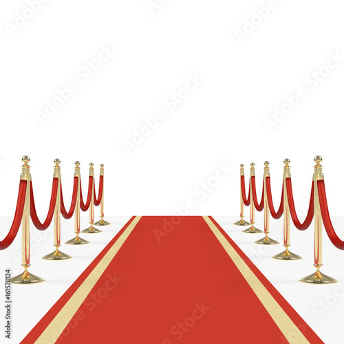 Red carpet with red ropes on golden stanchions
