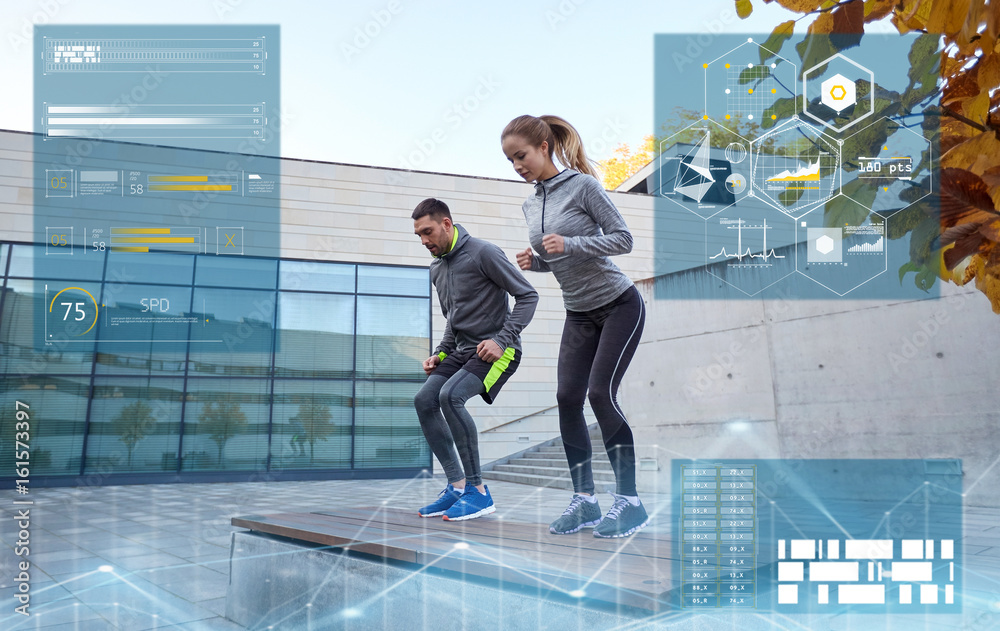 Obraz premium man and woman exercising on bench outdoors