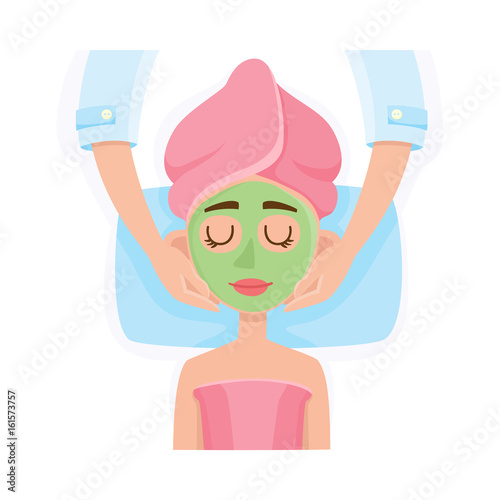 Cosmetician applying cream, mask on young woman face in spa salon, top view cartoon vector illustration on white background. Top view picture of woman getting facial mask in spa, cosmetic procedure