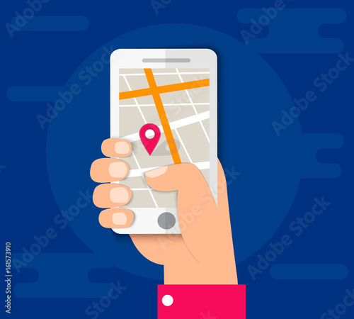 City map on mobile phone, location, hand with smartphone gps navigator city map and pin pointer, roadmap direction