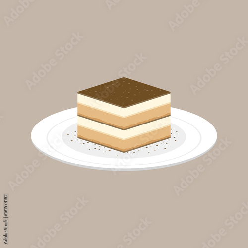 Tiramisu cake italian dessert in plate, flat design vector