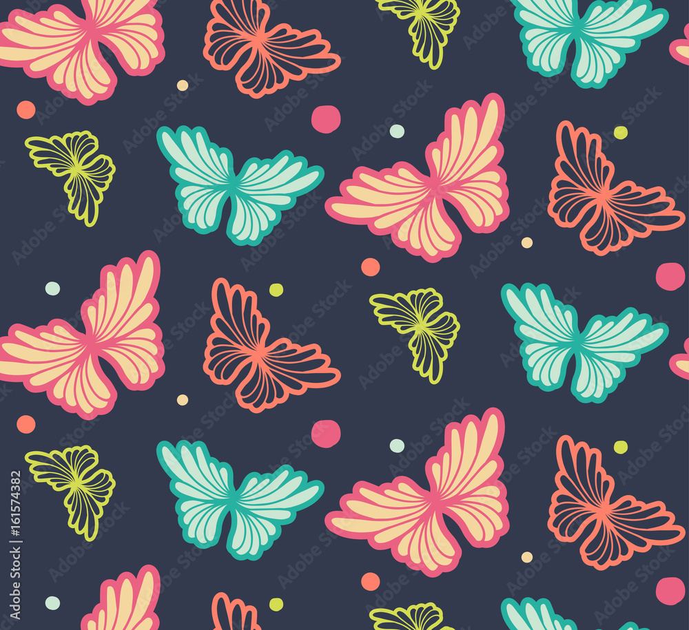 Fototapeta premium Seamless pattern with butterflies and dots. Vector illustration