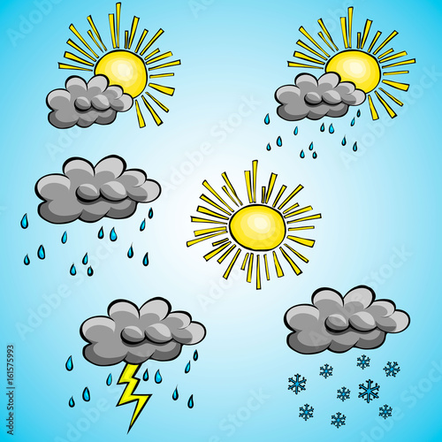 Set of cartoon with different weather illustrations on blue background