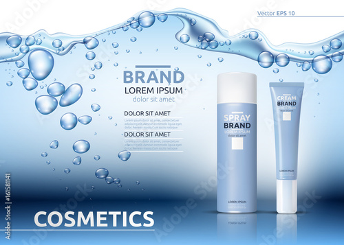 Aqua Moisturizing cosmetic ads template. Hydrating facial or body lotion. Mockup 3D Realistic illustration. Sparkling water drops over blue background