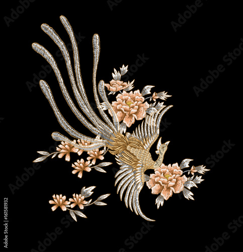 Beautiful golden bird and flowers embroidery. Japanese embroidery for clothers.