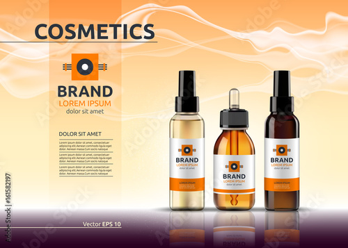 Body care cosmetic set serum, oil and cream ads template. Hydrating facial or body lotions. Mockup 3D Realistic illustration. Sparkling soft background
