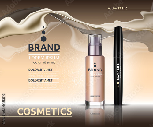 Mascara and Skin toner ads cosmetics. Glass bottle and sparkling effects background. Elegant lable for design, template. Mockup 3D Realistic Vector illustration