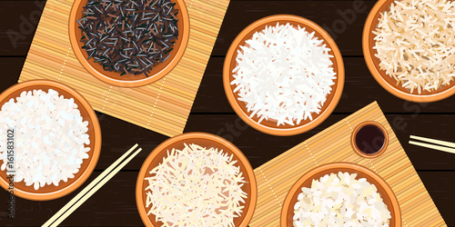 Different types of rice in bowls. Basmati, wild, jasmine, , sushi. chopsticks. mats, tureen