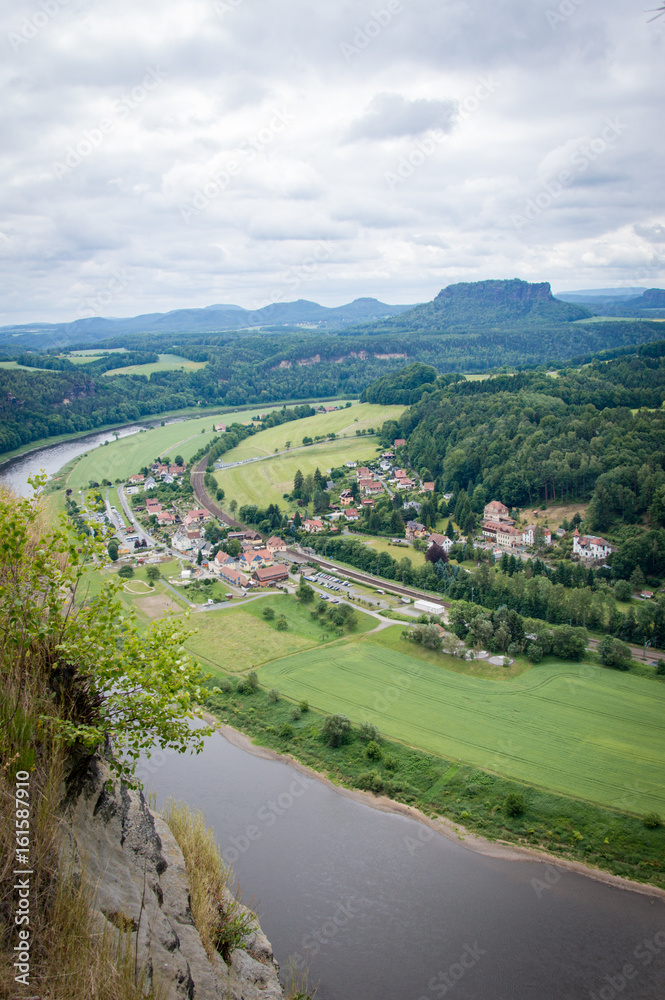 Panorama view from rocks Bastei to river Elbe and Rathen, Saxon Switzerland, Germany