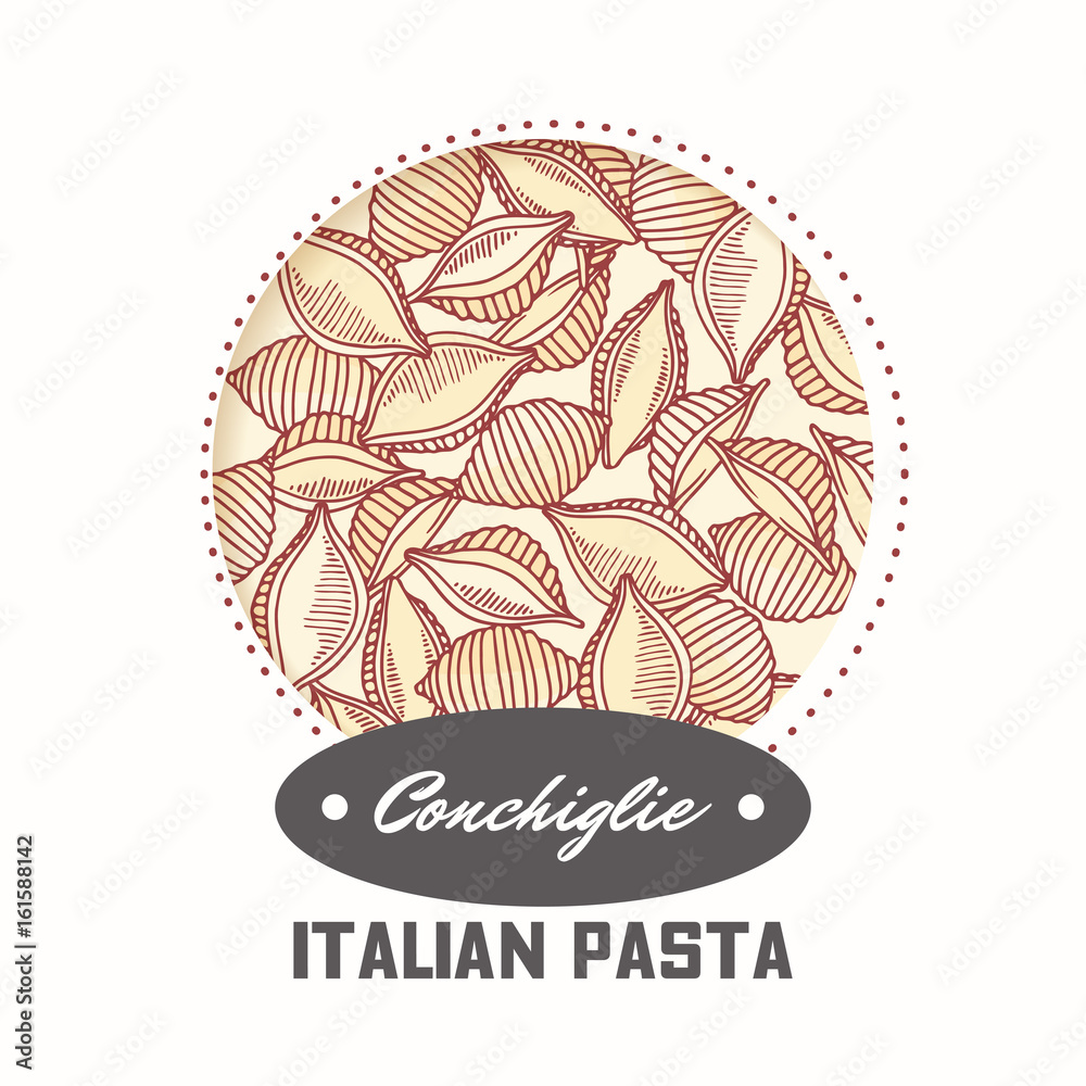 Sticker with hand drawn pasta conchiglie isolated on white. Template for food package design Sticker with hand drawn pasta conchiglie isolated on white. Template for food package design