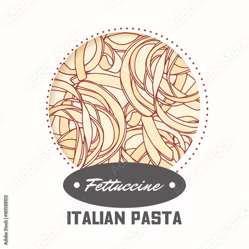 Sticker with hand drawn pasta fettuccine isolated on white. Template for food package design