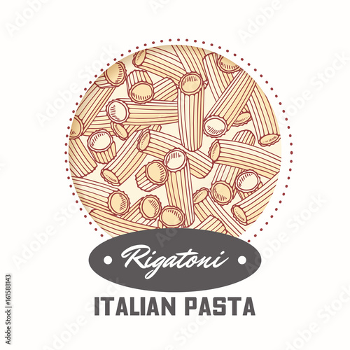Sticker with hand drawn pasta rigatoni isolated on white. Template for food package design