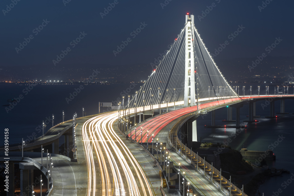 San Francisco-Oakland Bay Bridge Eastern Span at Night. Yerba Buena Island, San Francisco, California, USA.