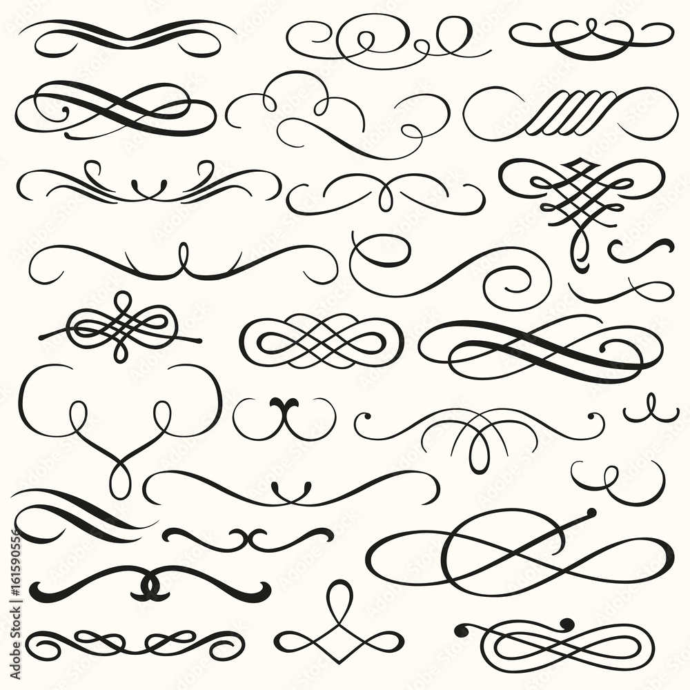  Set vector flourishes. Calligraphic and page decoration design elements. Swirl, scroll and divider.