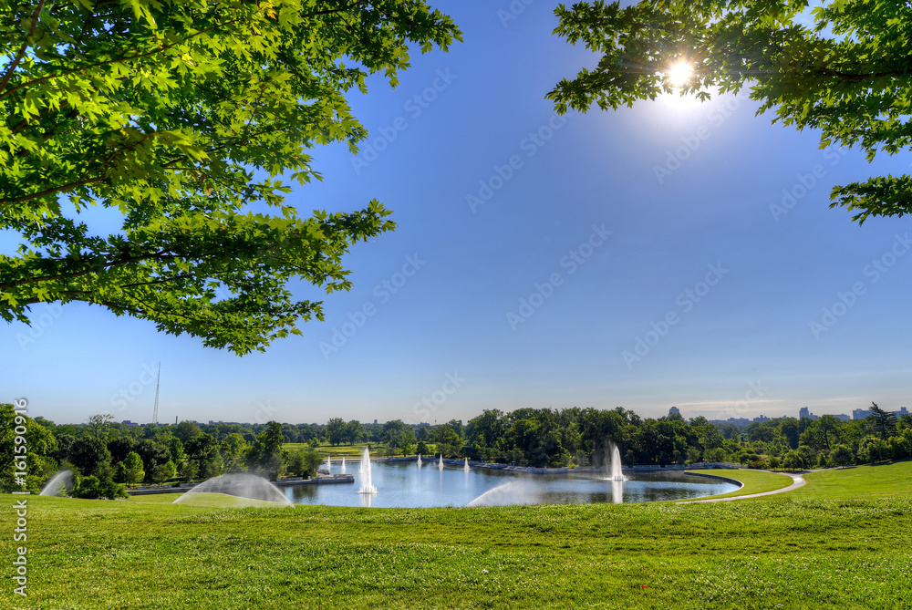 The view of the Grand Basin from Art Hill in Forest Park, St. Louis, Missouri.