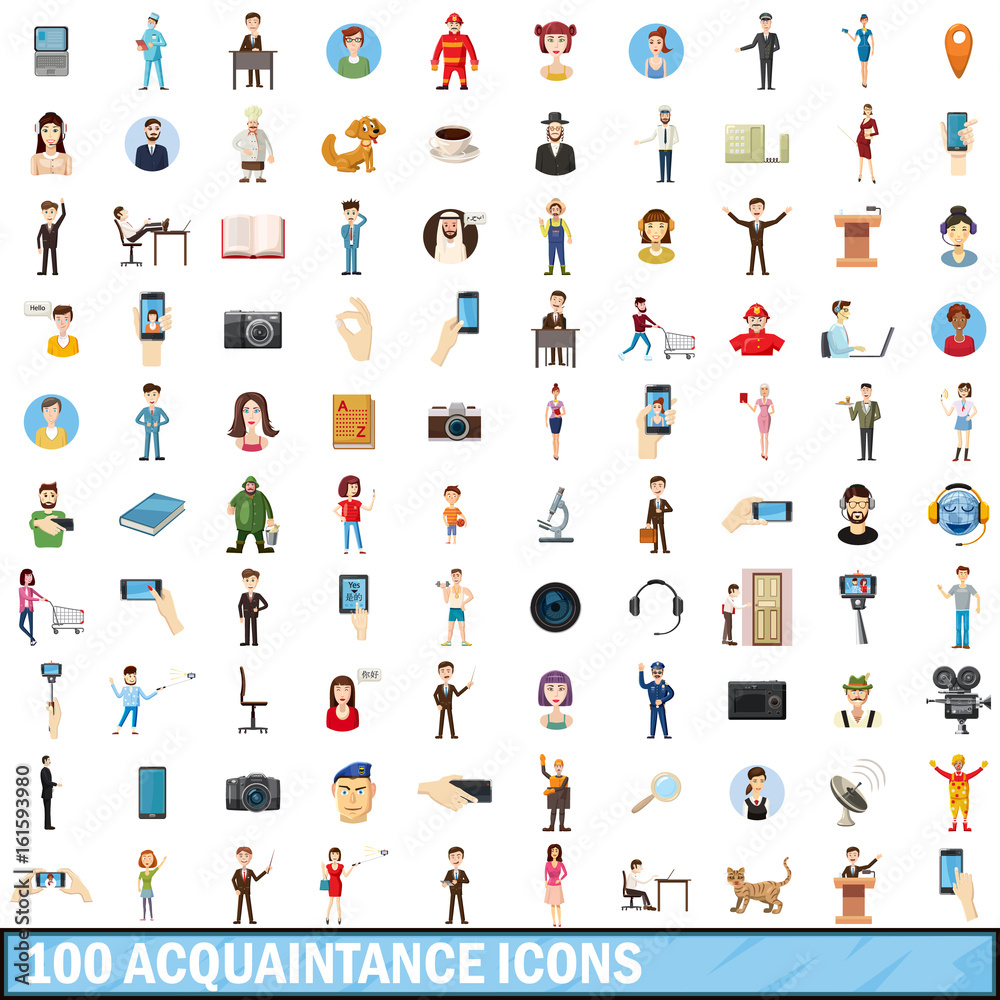 100 acquaintance icons set, cartoon style