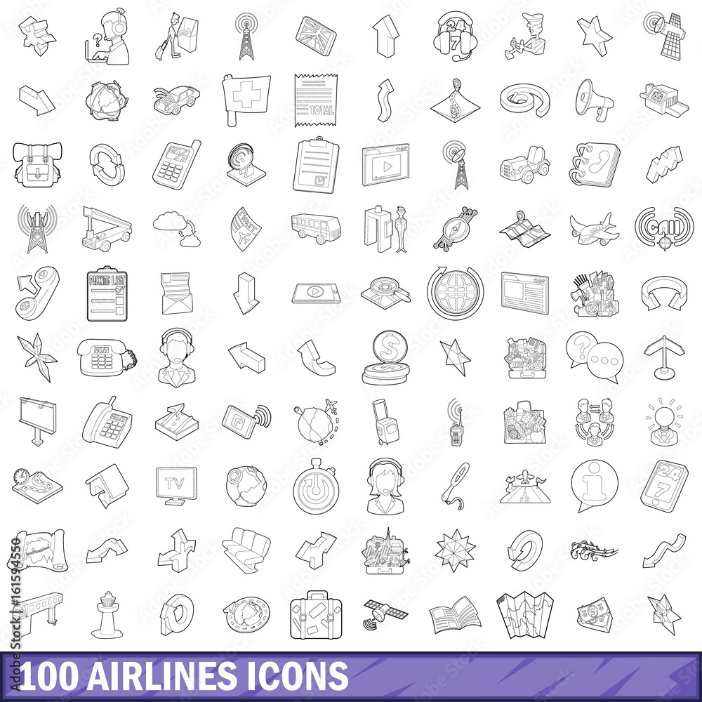 100 airlines icons set, outline style