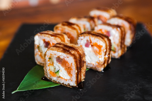 Delicious rolls with fish and cheese