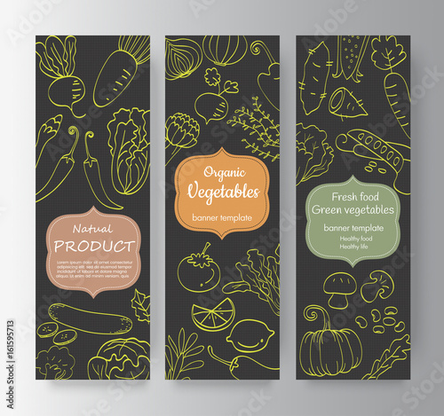 Vegetables vertical banner collection. vegetables hand drawn in ink illustration. Vector vintage illustration. Dark background. Line art graphic.