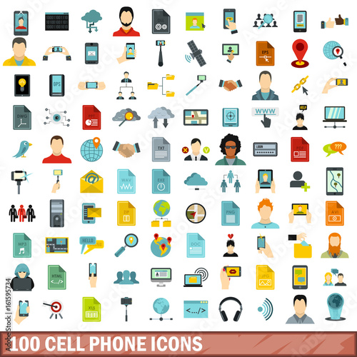 100 cell phone icons set, flat style