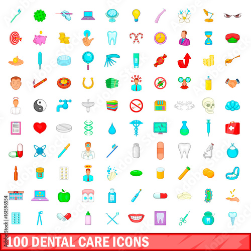Wallpaper Mural 100 dental care icons set, cartoon style Torontodigital.ca